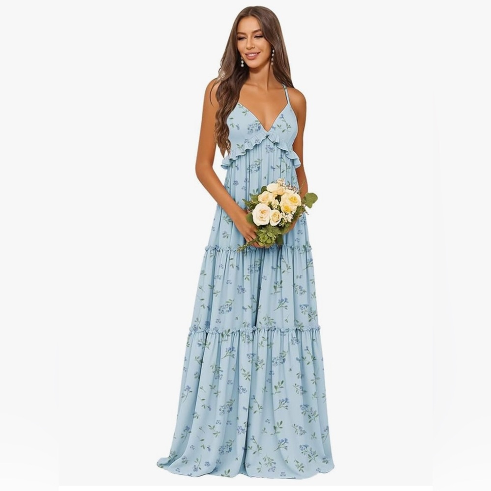 Blue Tiered Floral Maxi Dress - Size 8